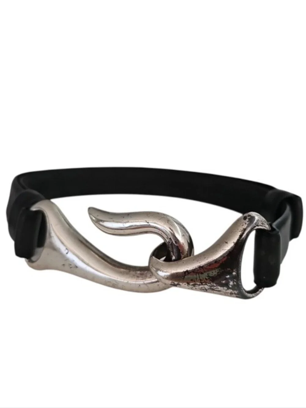 Vintage Black Leather Belt Silver Hook Buckle Adjustable Avant Garde Y2K